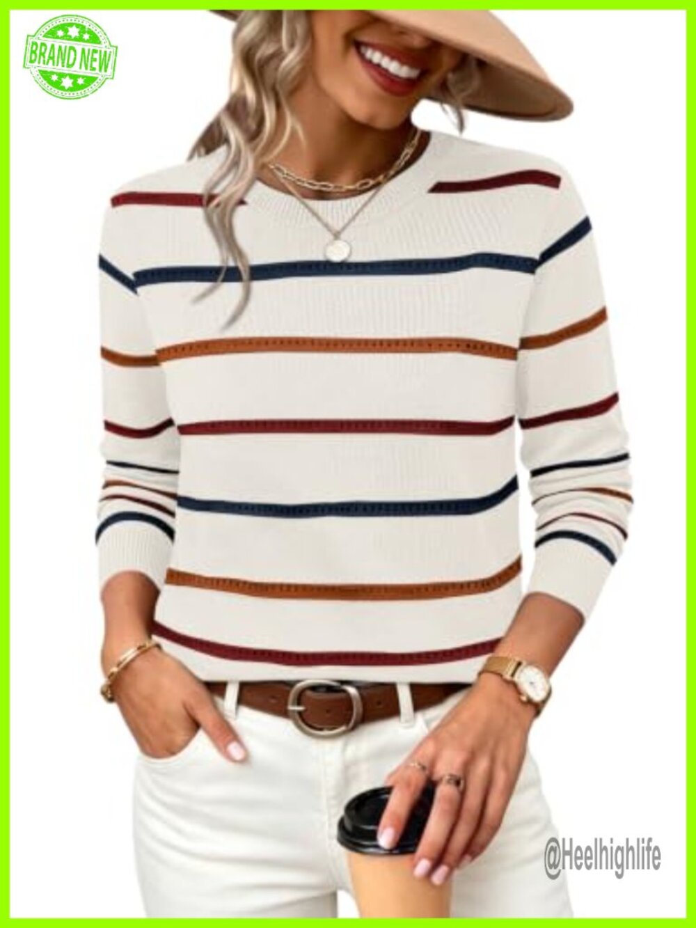 Women's Hollow Out Knit Sweater Lightweight Scoop Neck Striped Pullover